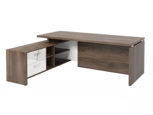 Стол руководителя с опорной тумбой Festus FI-121L.GG 1800x2100x750 (Орех Пацифик Табак/Мрамор Леванто белый)