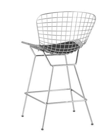Стул полубарный с низкой спинкой Bertoia хромированный с черной подушкой (Стул полубарный Bertoia серебристый)